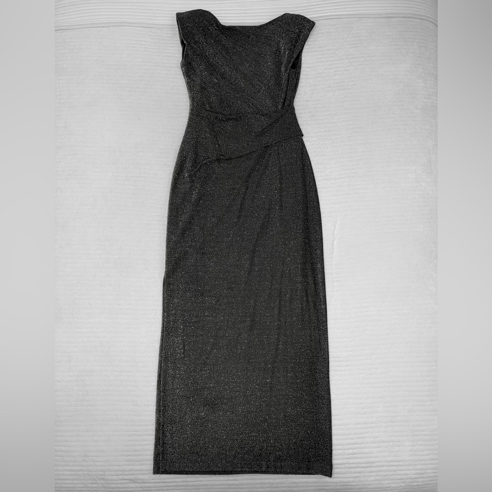 Connected Apparel Elegant Black Metallic Drapped Neck Evening Dress